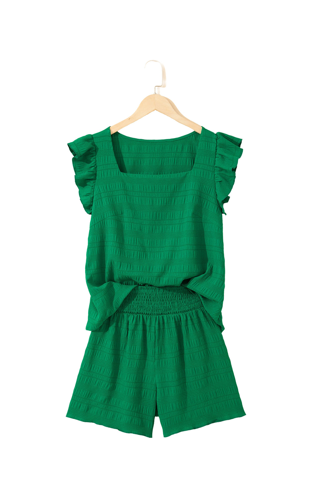 Dark Green Textured Square Neck Top and Shirred High Waist Shorts Set