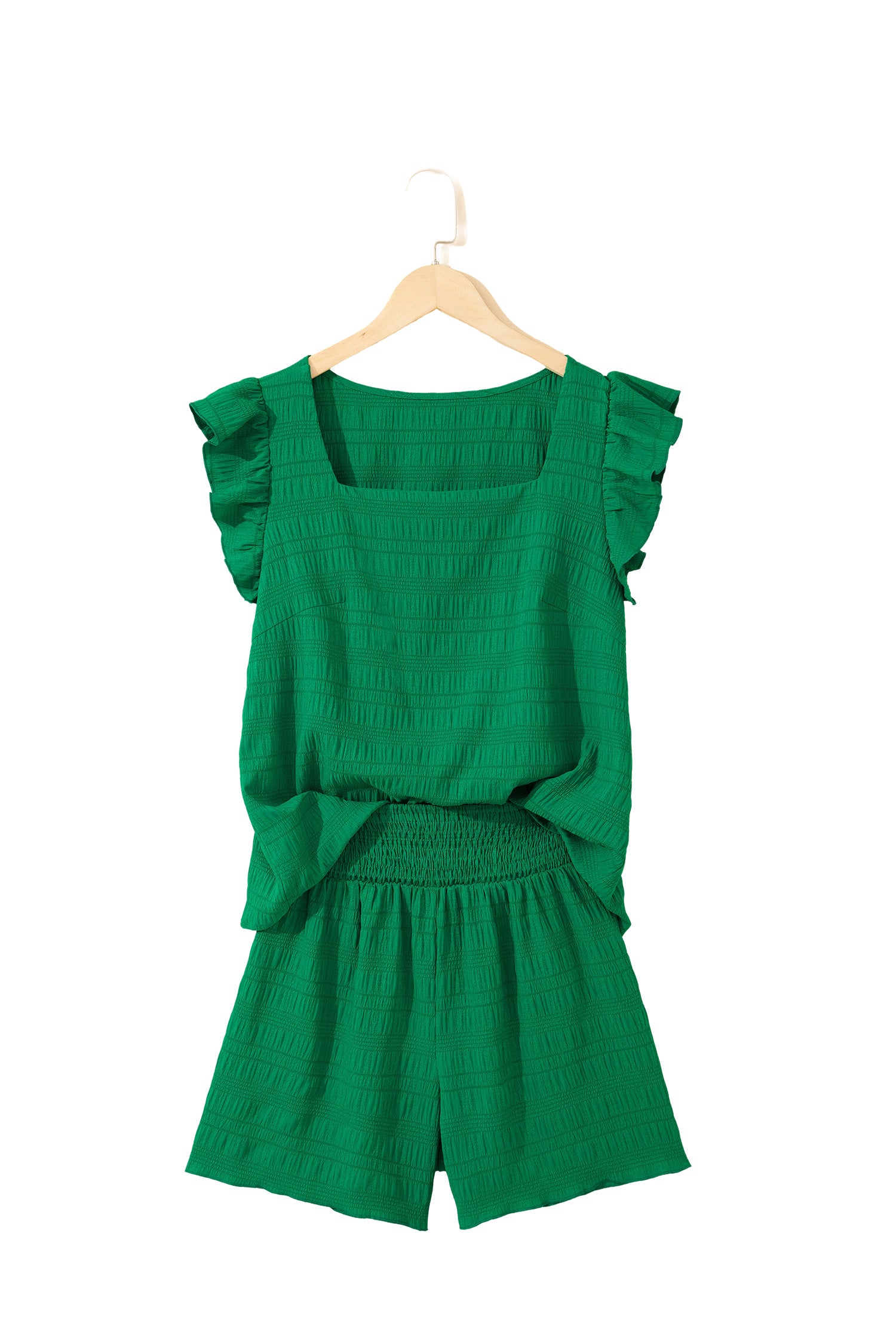 Dark Green Textured Square Neck Top and Shirred High Waist Shorts Set