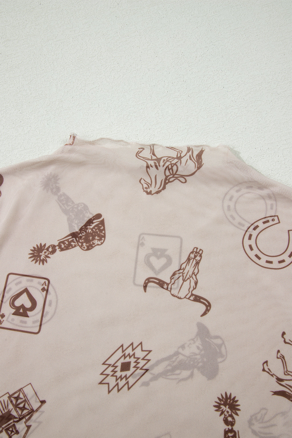 Oatmeal Western Printed Mesh Short Sleeve Top