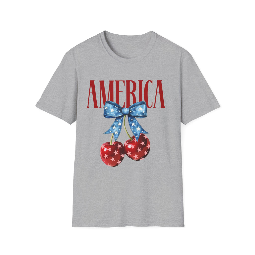 America Cherry T‑Shirt — Patriotic 4th of July Stars & Stripes Tee