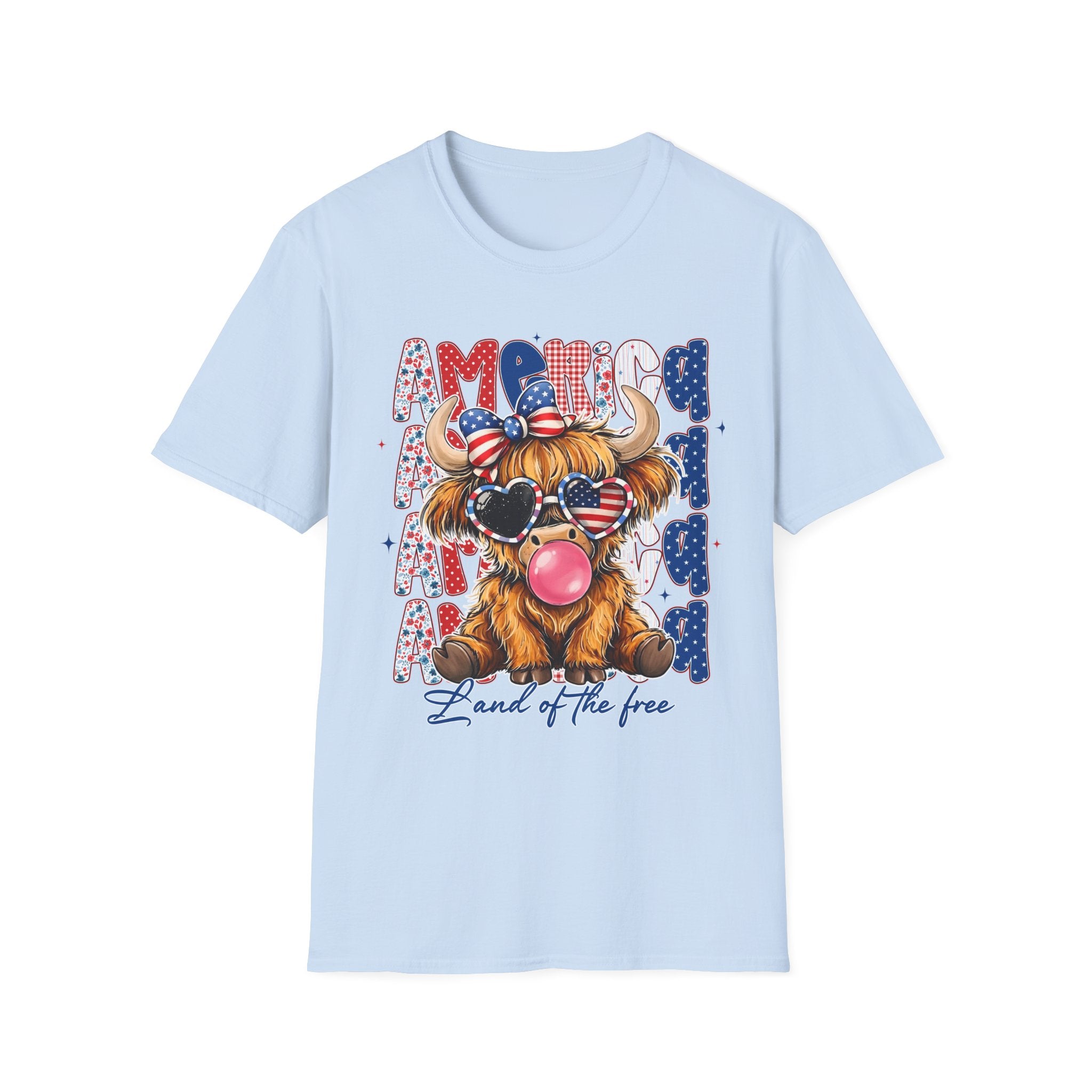 Fourth of July Highland Cow T-Shirt – 'Land of the Free' Patriotic Graphic Tee