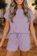 Purple Stripe Breathable Textured Knit Short 2pcs Set