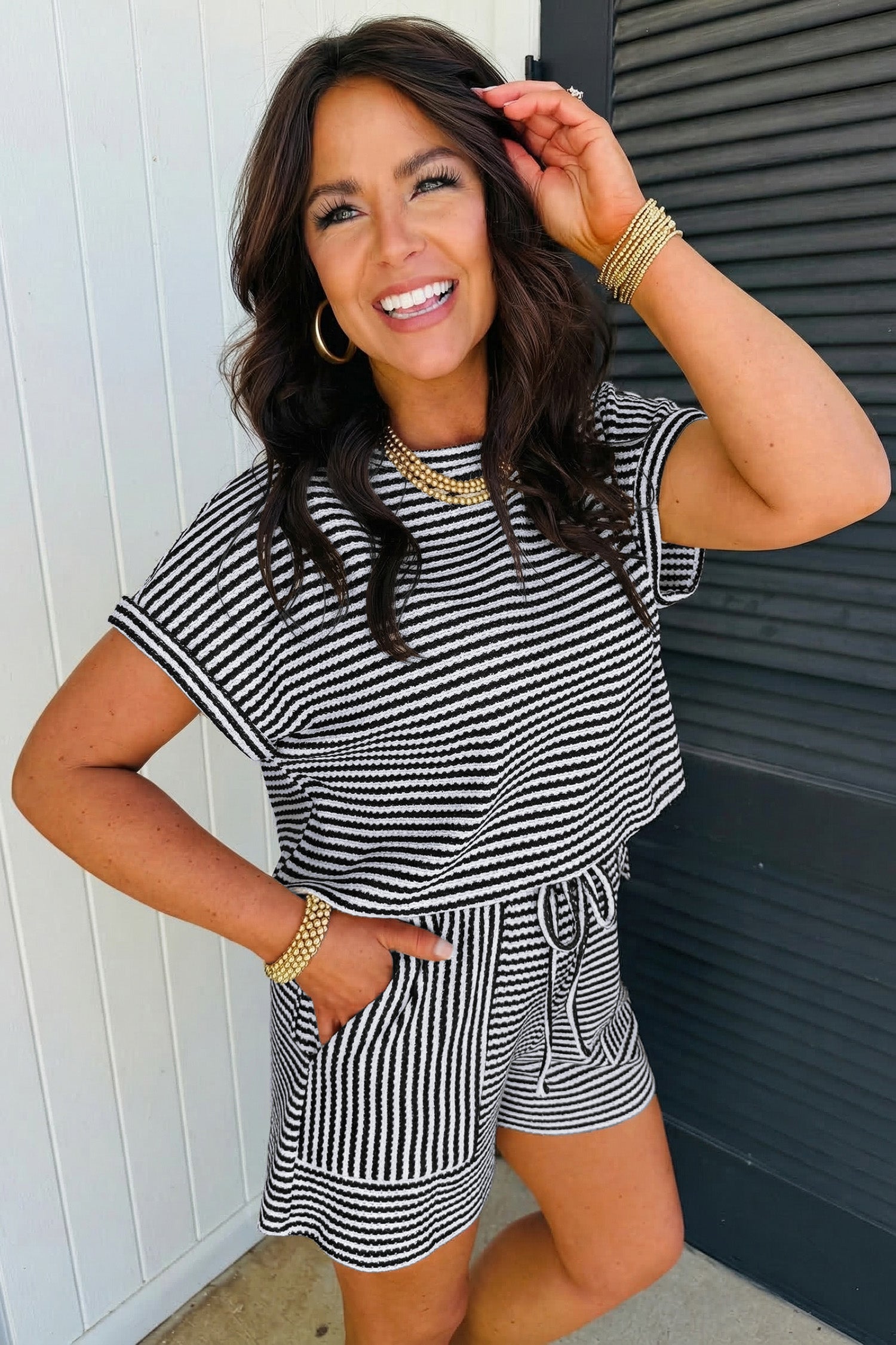 Black Stripe Breathable Textured Knit Short 2pcs Set