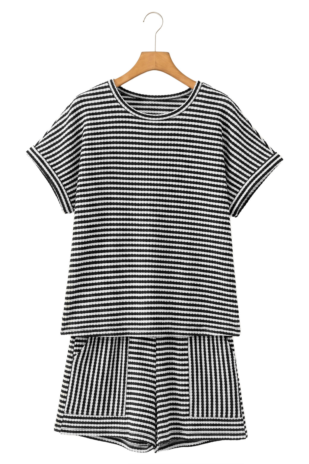 Black Stripe Breathable Textured Knit Short 2pcs Set