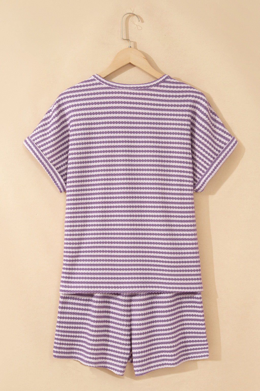 Purple Stripe Breathable Textured Knit Short 2pcs Set
