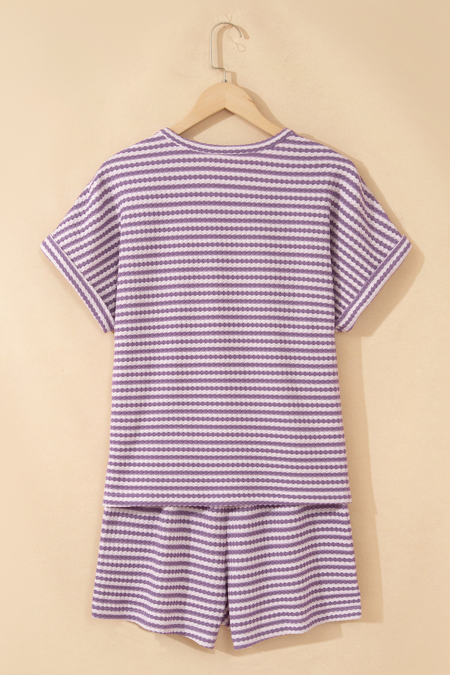 Purple Stripe Breathable Textured Knit Short 2pcs Set