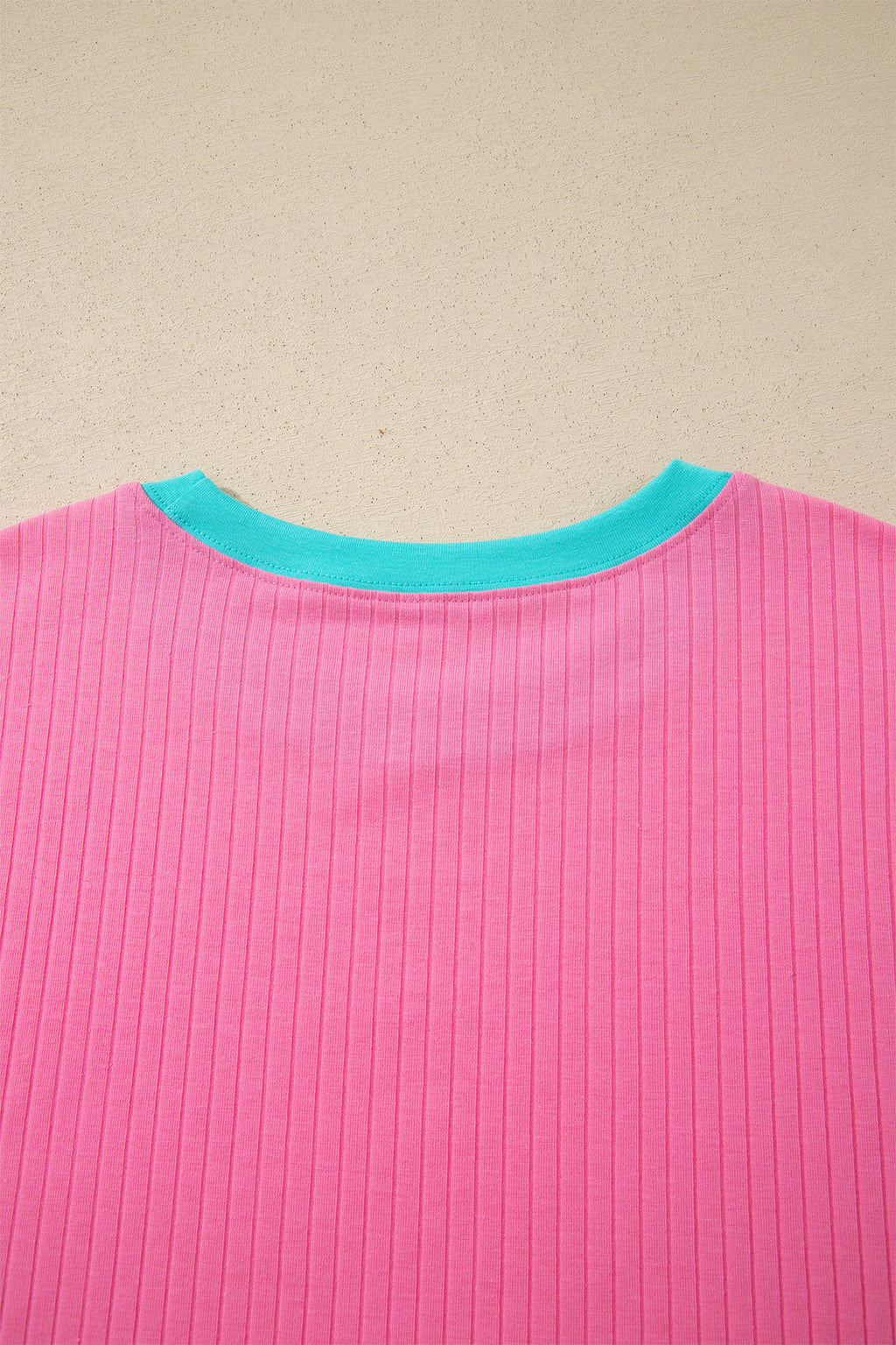 Sachet Pink Soft Ribbed Color Block Trim Casual Short Set