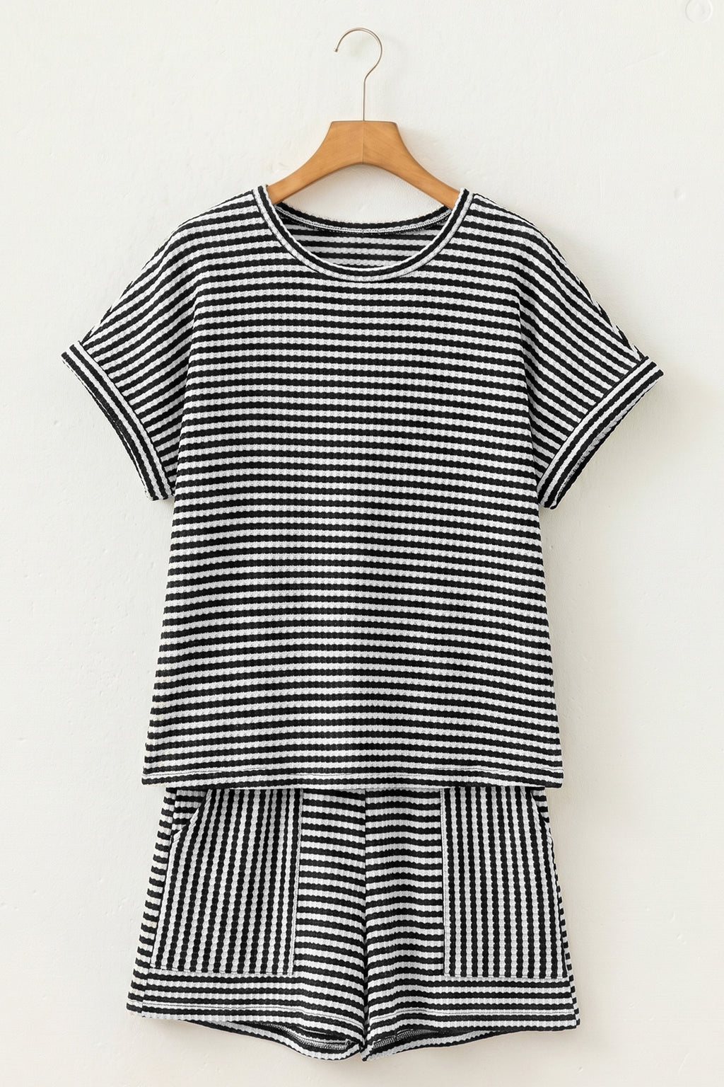 Black Stripe Breathable Textured Knit Short 2pcs Set