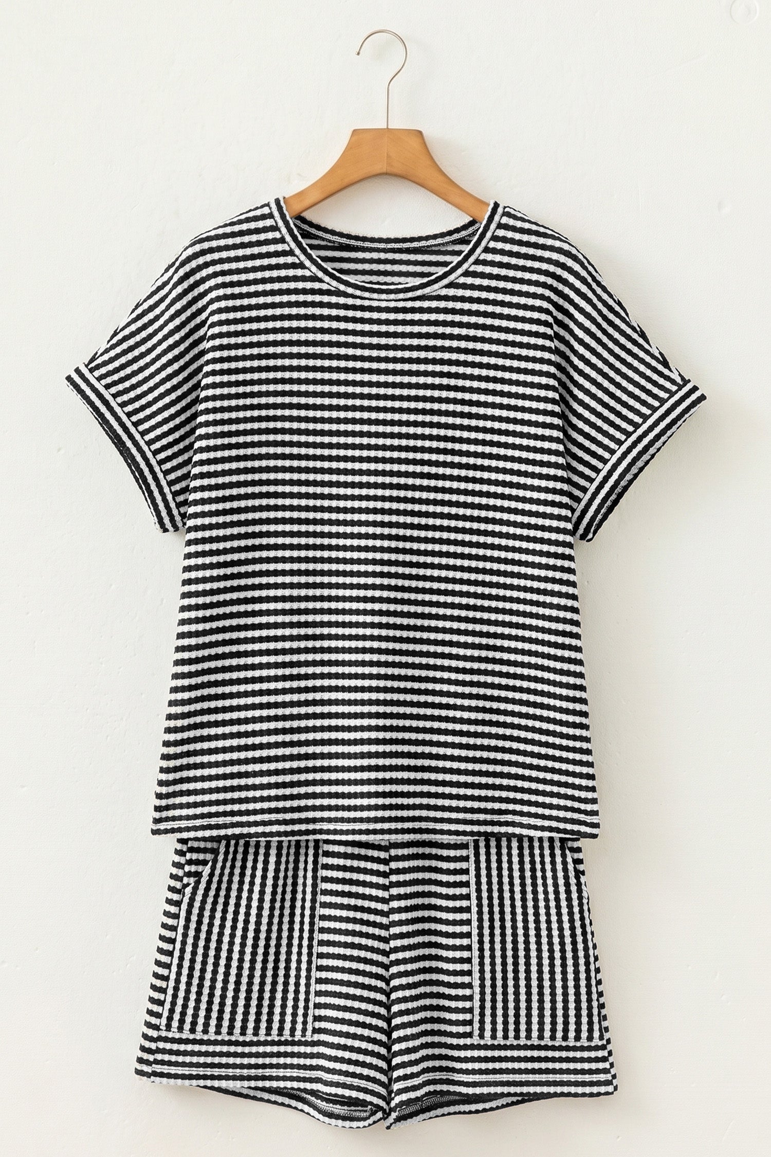 Black Stripe Breathable Textured Knit Short 2pcs Set