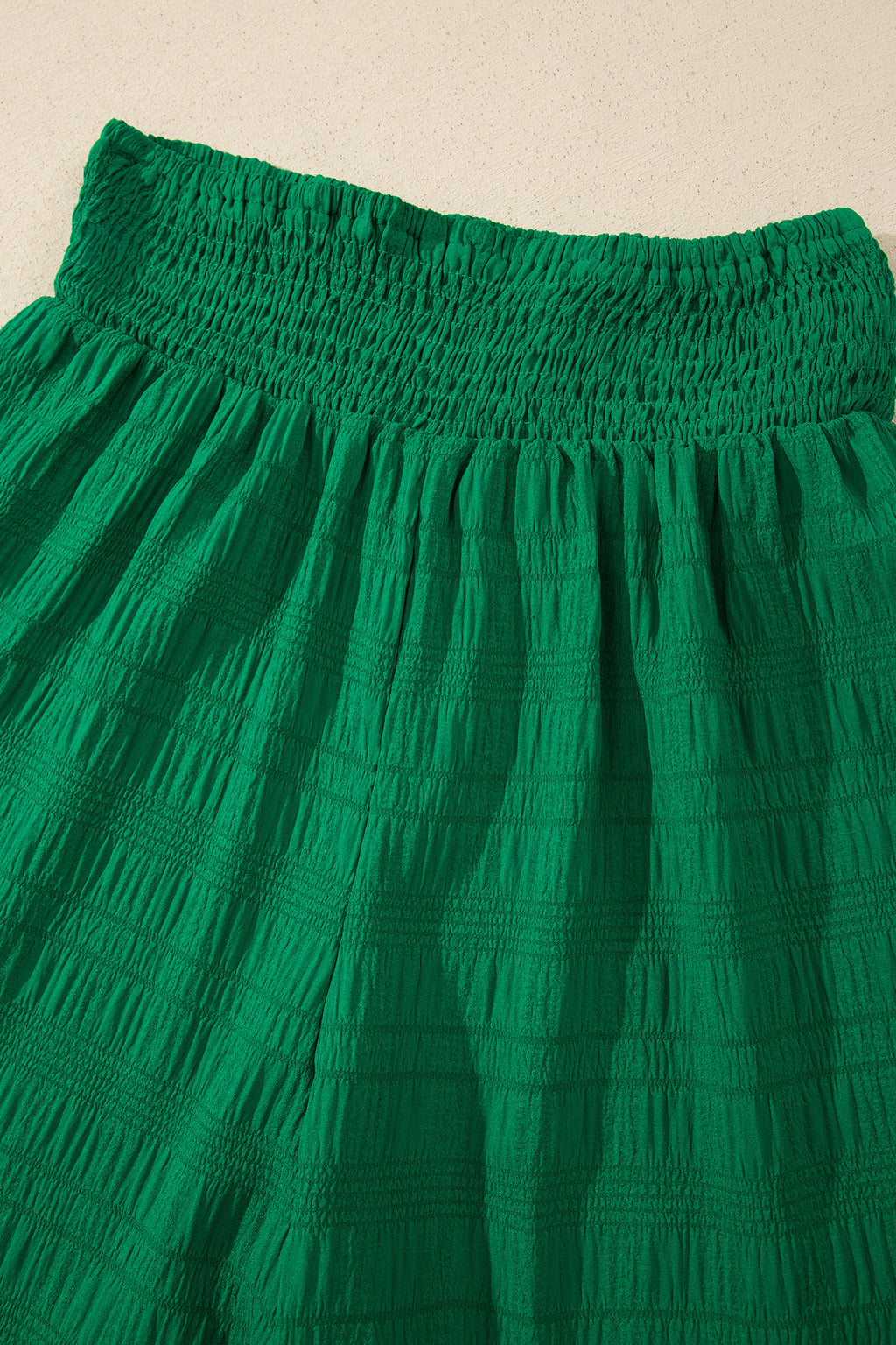 Dark Green Textured Square Neck Top and Shirred High Waist Shorts Set