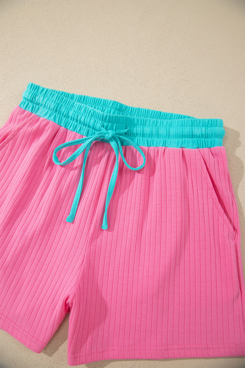 Sachet Pink Soft Ribbed Color Block Trim Casual Short Set