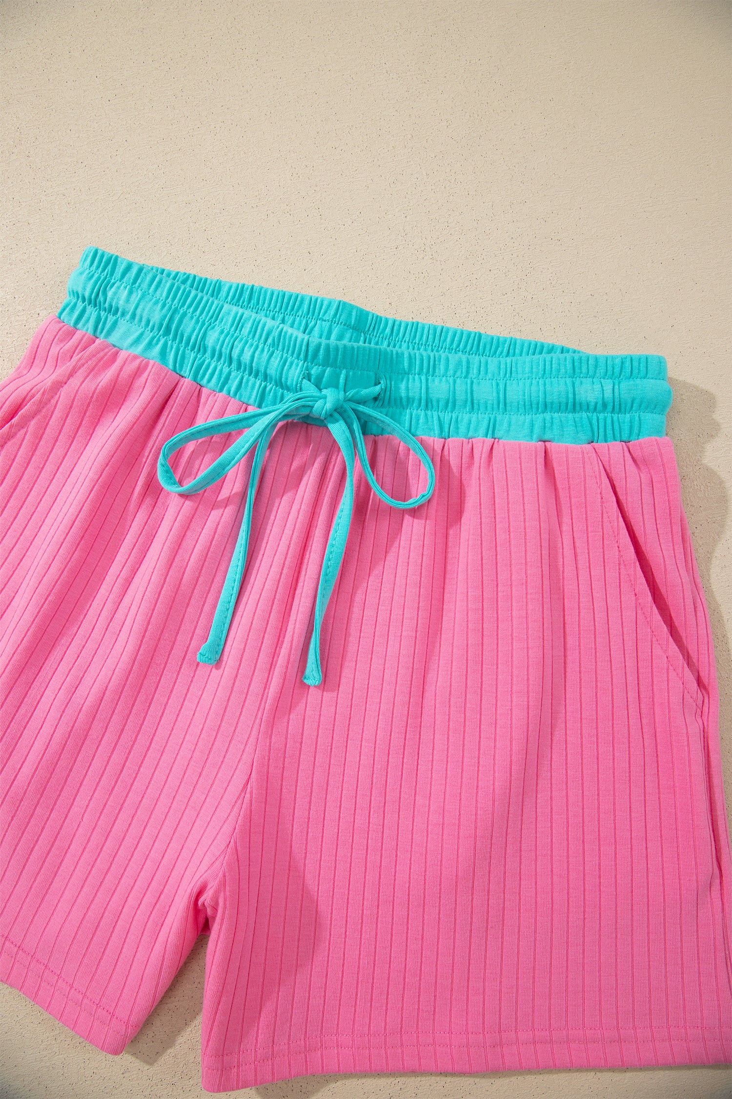 Sachet Pink Soft Ribbed Color Block Trim Casual Short Set