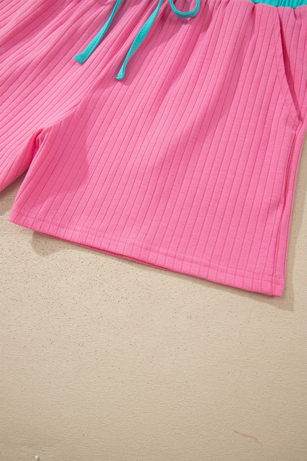 Sachet Pink Soft Ribbed Color Block Trim Casual Short Set
