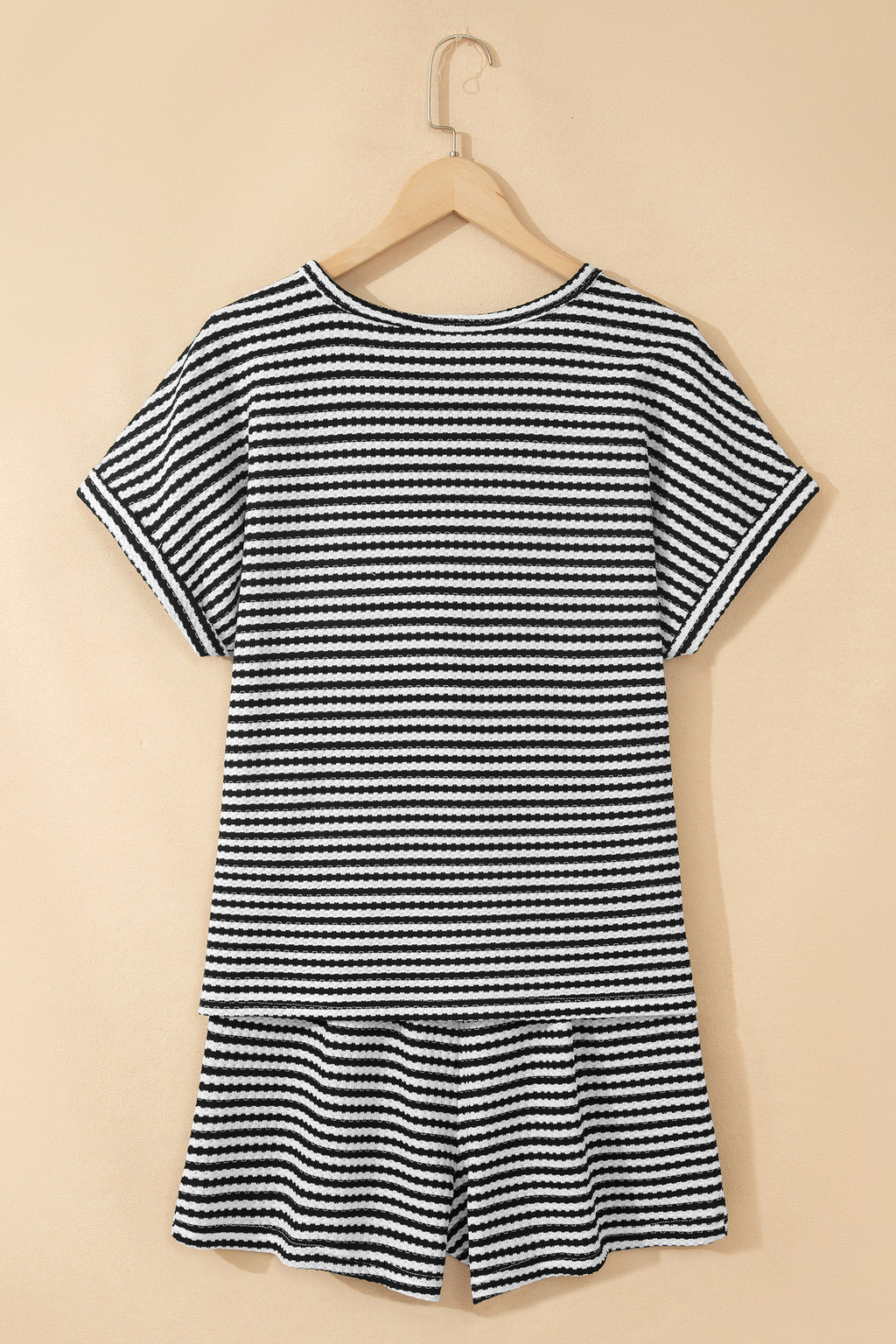Black Stripe Breathable Textured Knit Short 2pcs Set