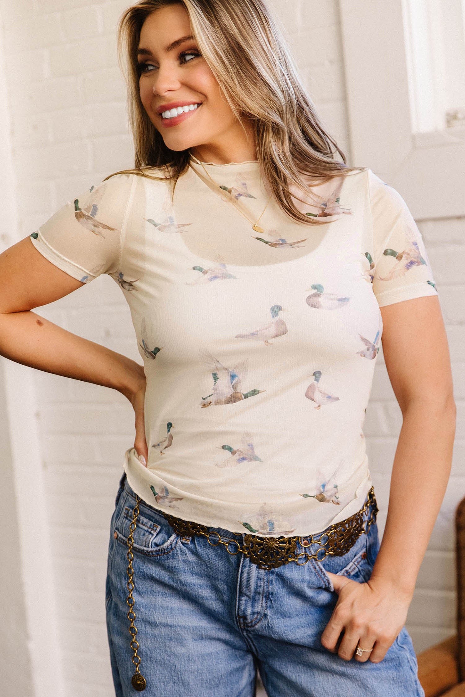 Beige Mallard Sheer Mesh Short Sleeve Top