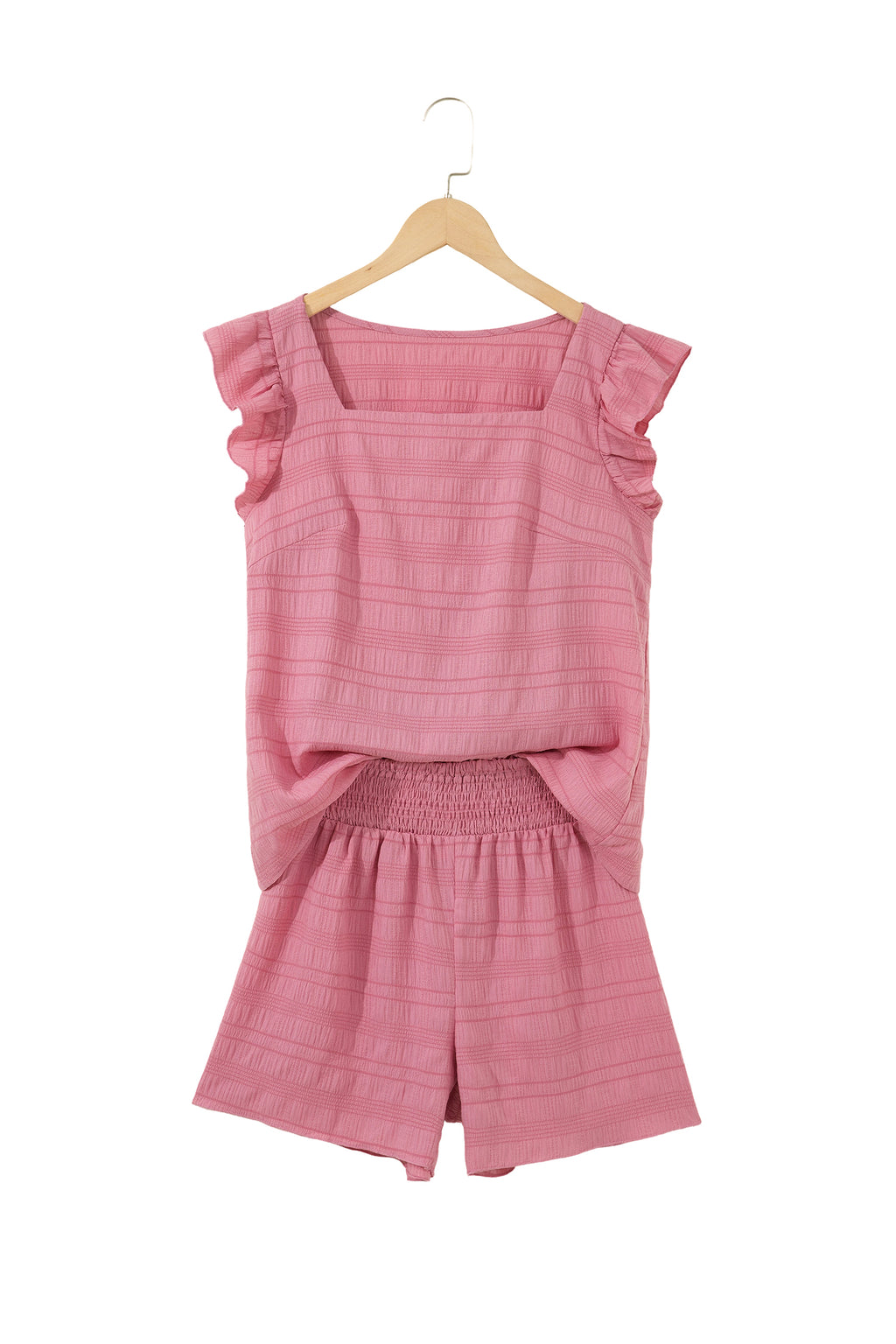 Peach Blossom Textured Square Neck Top and Shirred High Waist Shorts Set
