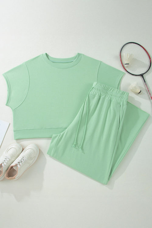Clearly Aqua Solid Color Ribbed Trim Short Sleeve Top Drawstring Loose Pants 2pcs Outfit