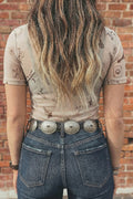 Oatmeal Western Printed Mesh Short Sleeve Top
