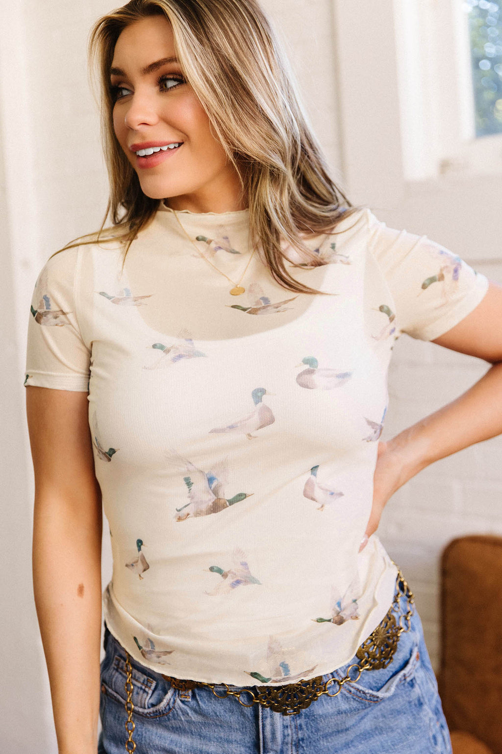 Beige Mallard Sheer Mesh Short Sleeve Top