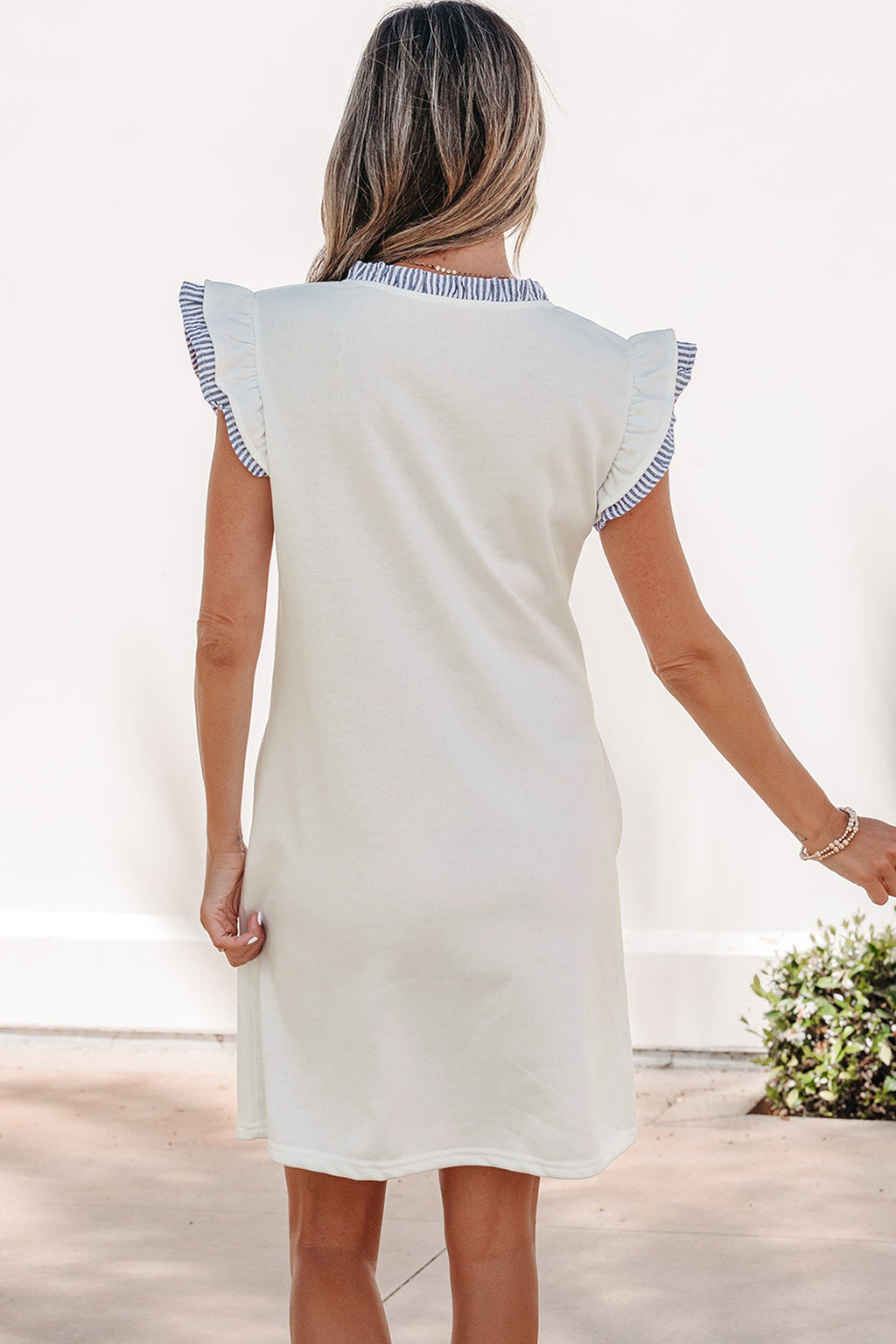 Stripe Patchwork Split Neck Ruffle Trim Sleeveless Dress