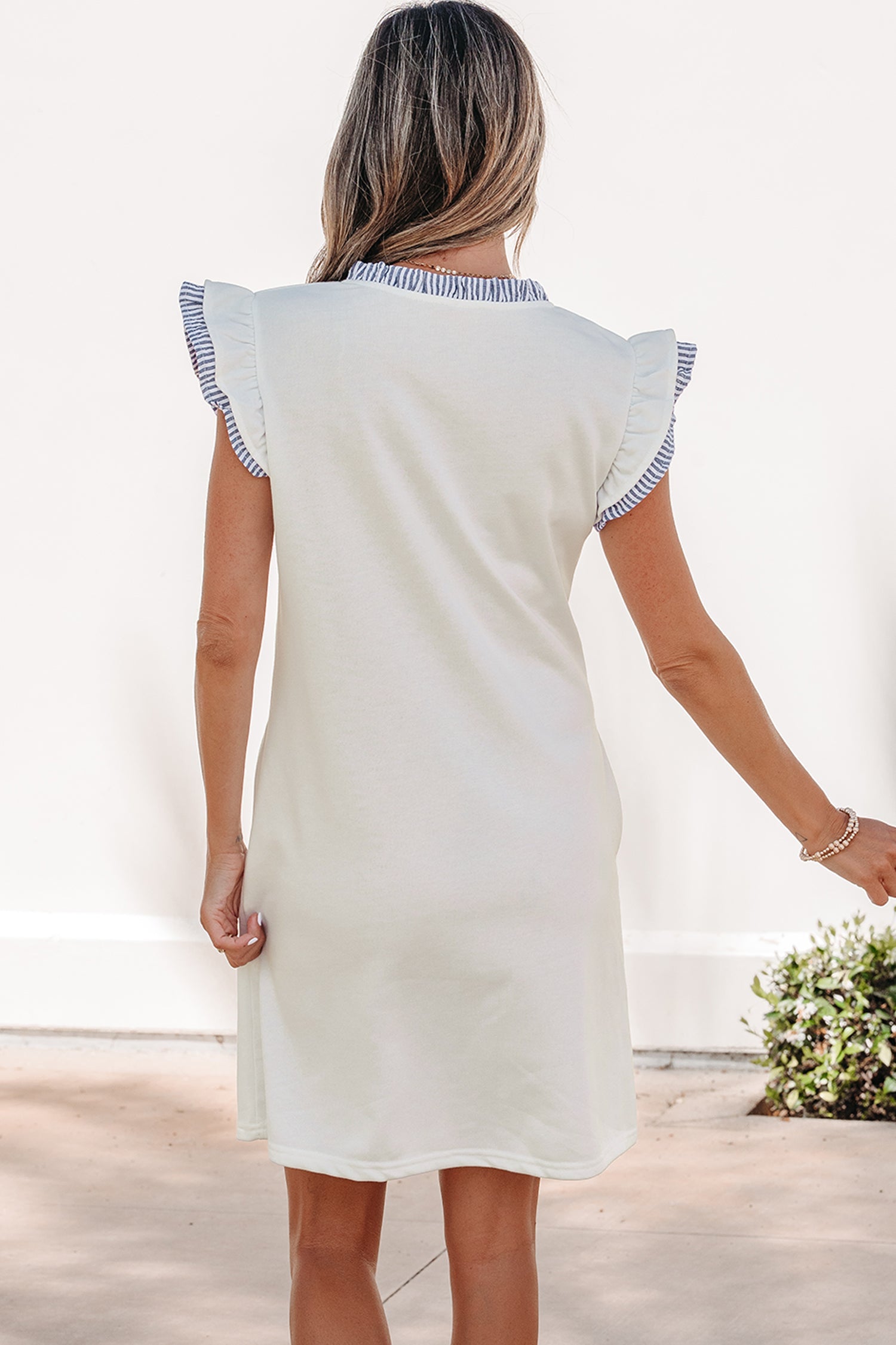 Stripe Patchwork Split Neck Ruffle Trim Sleeveless Dress