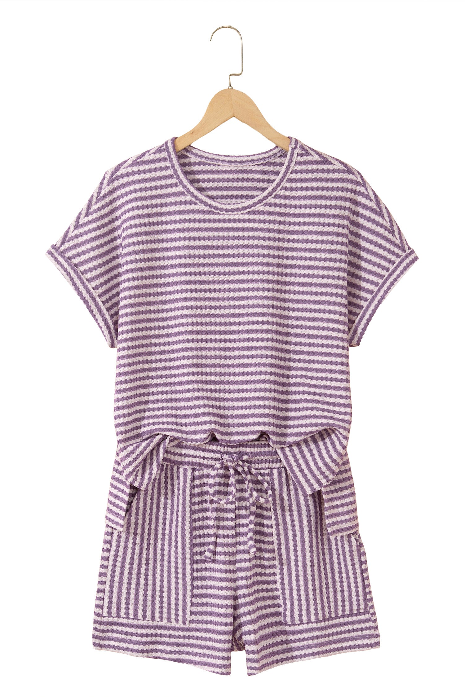 Purple Stripe Breathable Textured Knit Short 2pcs Set