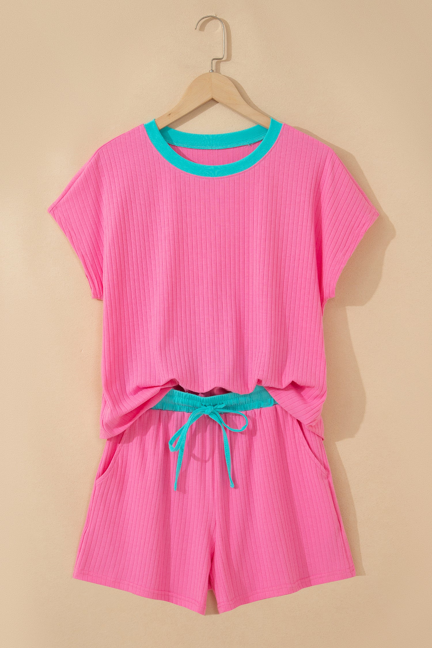 Sachet Pink Soft Ribbed Color Block Trim Casual Short Set