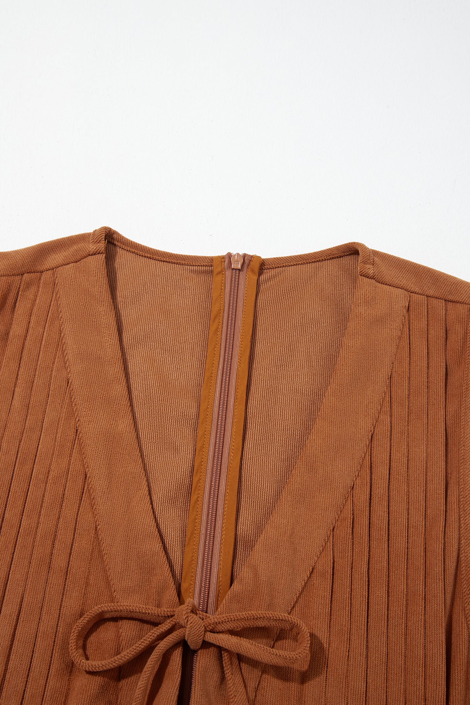 Cinnamon Solid Color Tie V Neck Sleeveless Corduroy Romper
