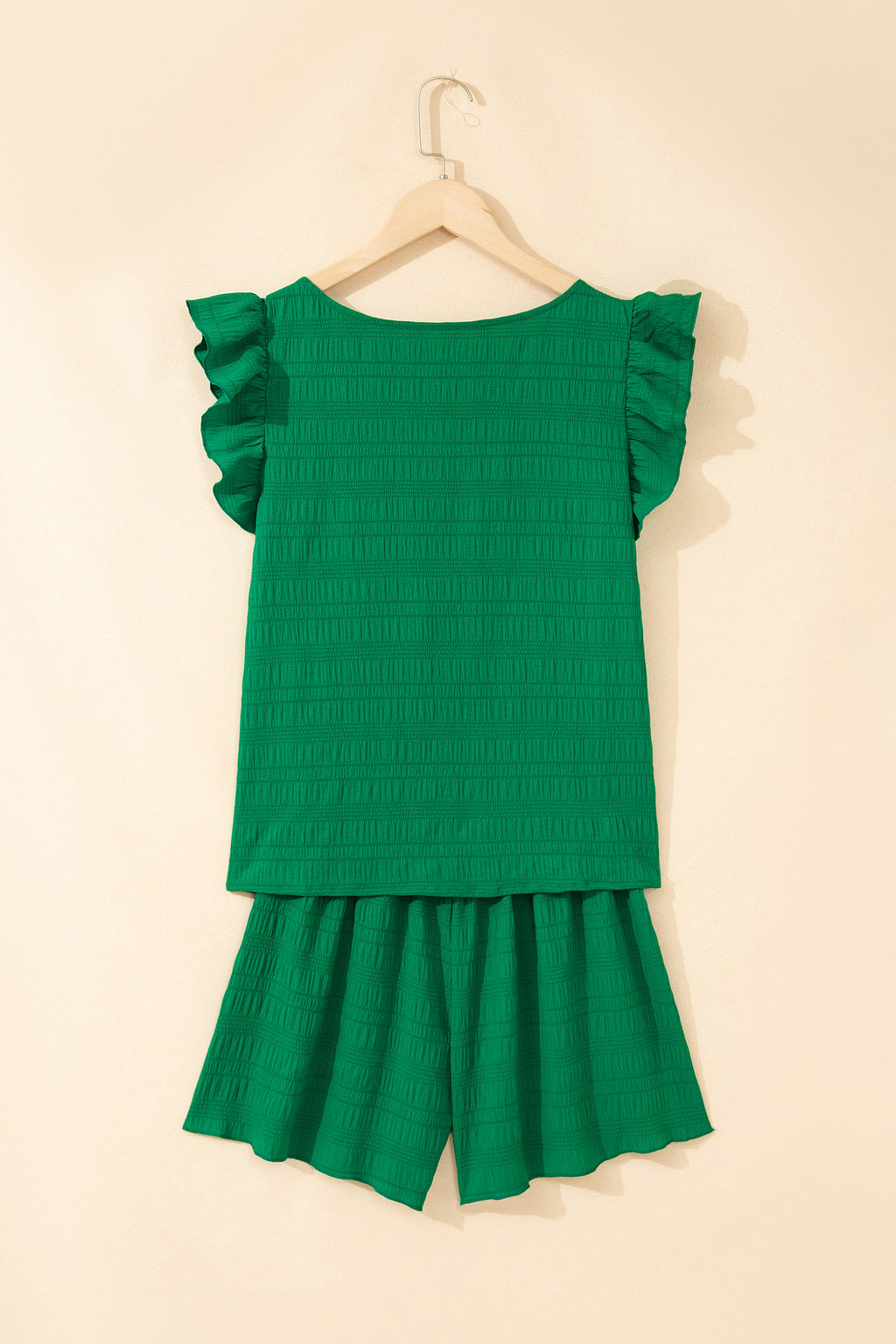 Dark Green Textured Square Neck Top and Shirred High Waist Shorts Set