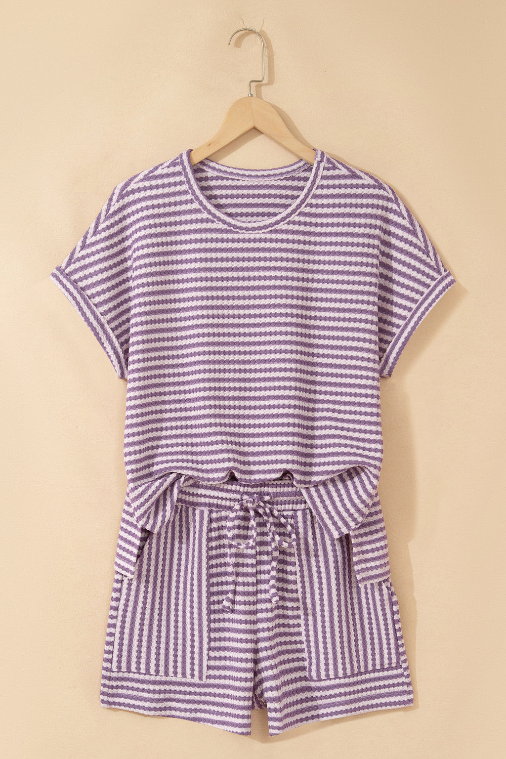 Purple Stripe Breathable Textured Knit Short 2pcs Set