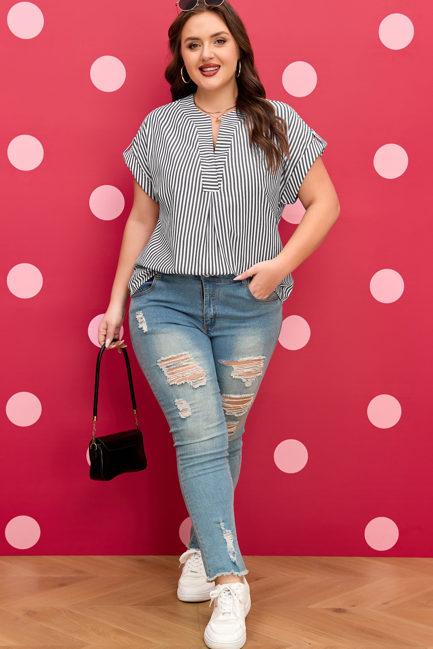 Black Stripe Plus Size V Neck Roll-tab Short Dolman Sleeve Blouse