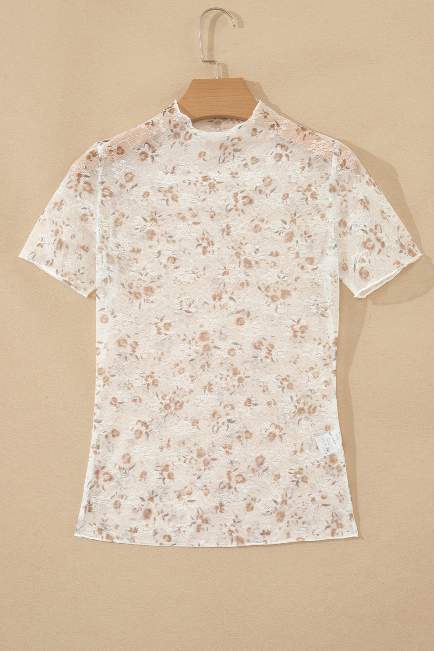White Mock Neck Short Sleeve Floral Mesh Top