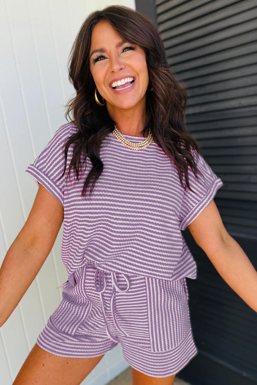 Purple Stripe Breathable Textured Knit Short 2pcs Set