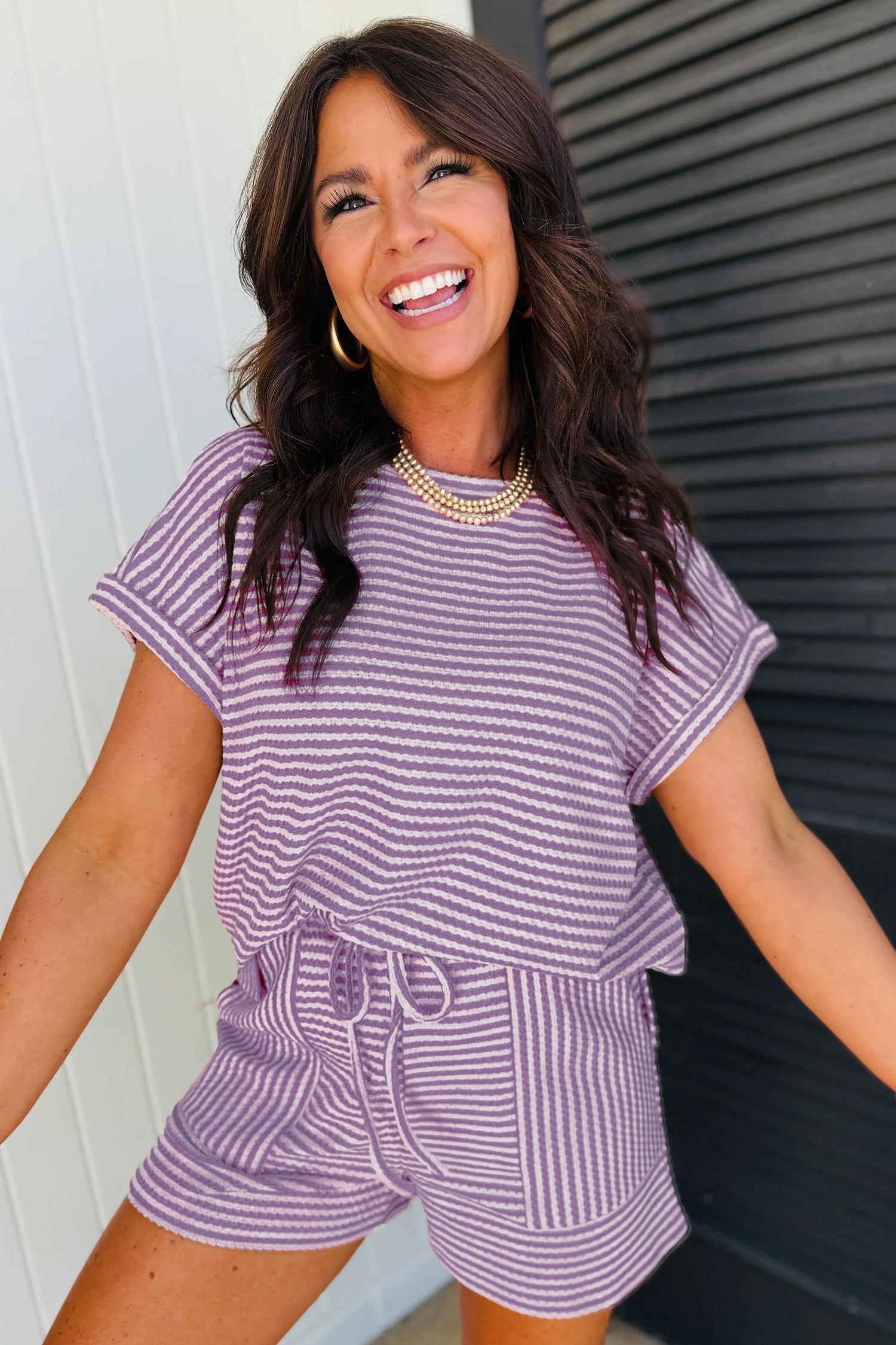 Purple Stripe Breathable Textured Knit Short 2pcs Set