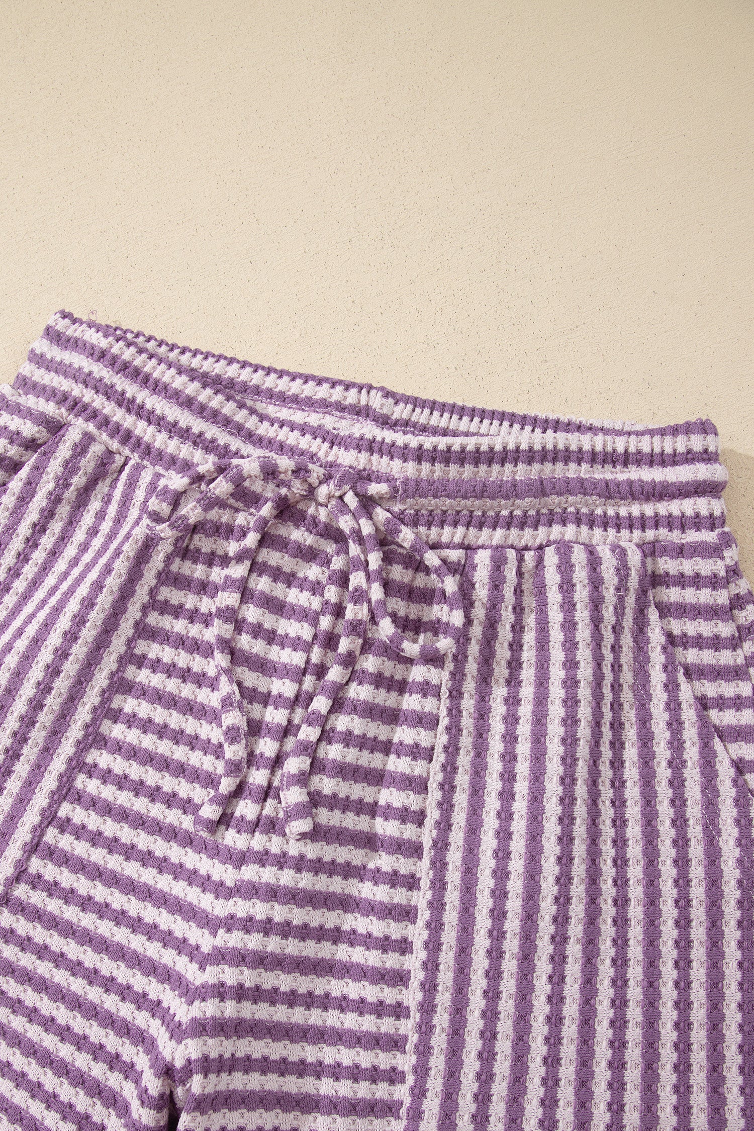 Purple Stripe Breathable Textured Knit Short 2pcs Set
