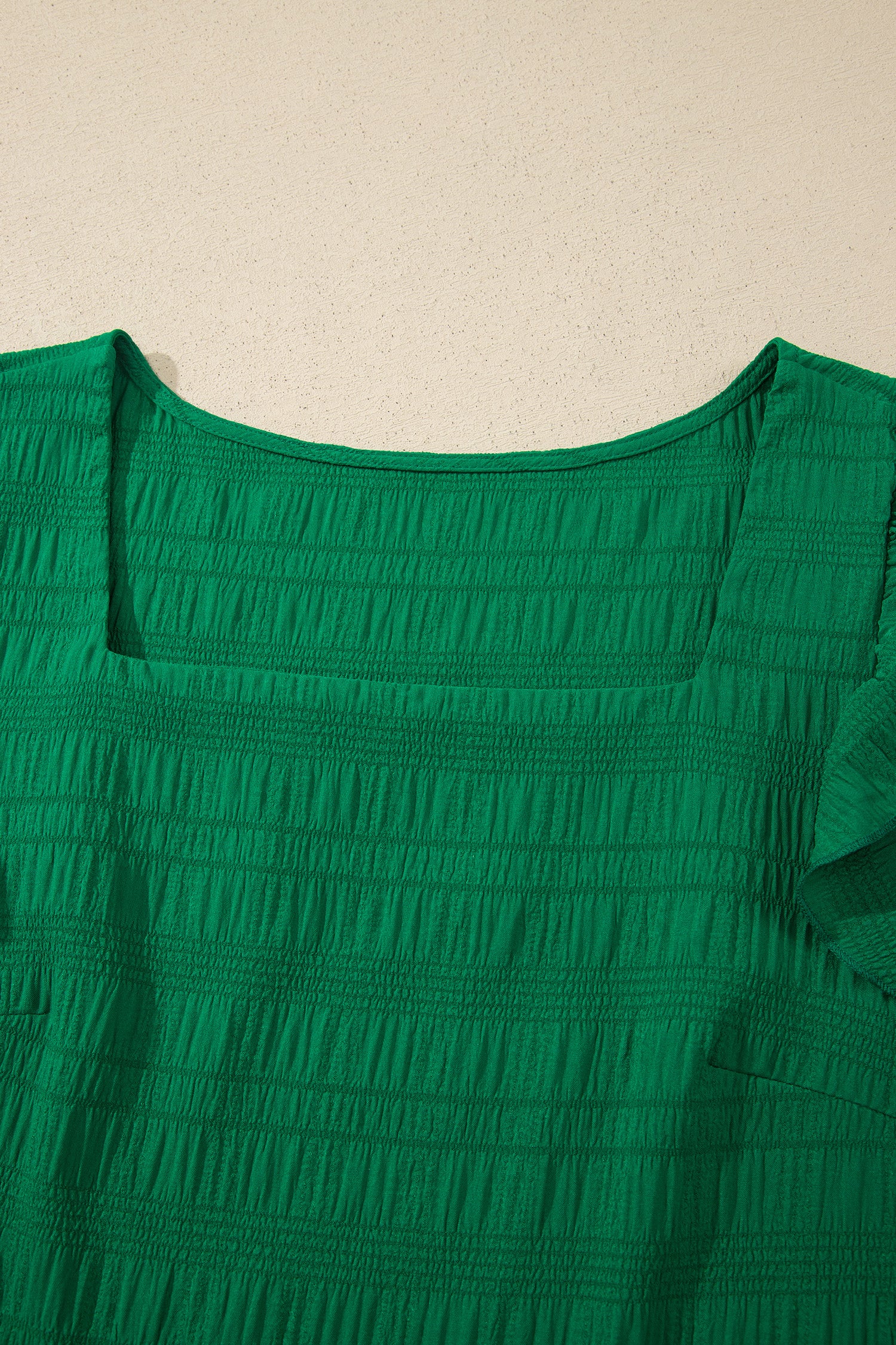 Dark Green Textured Square Neck Top and Shirred High Waist Shorts Set