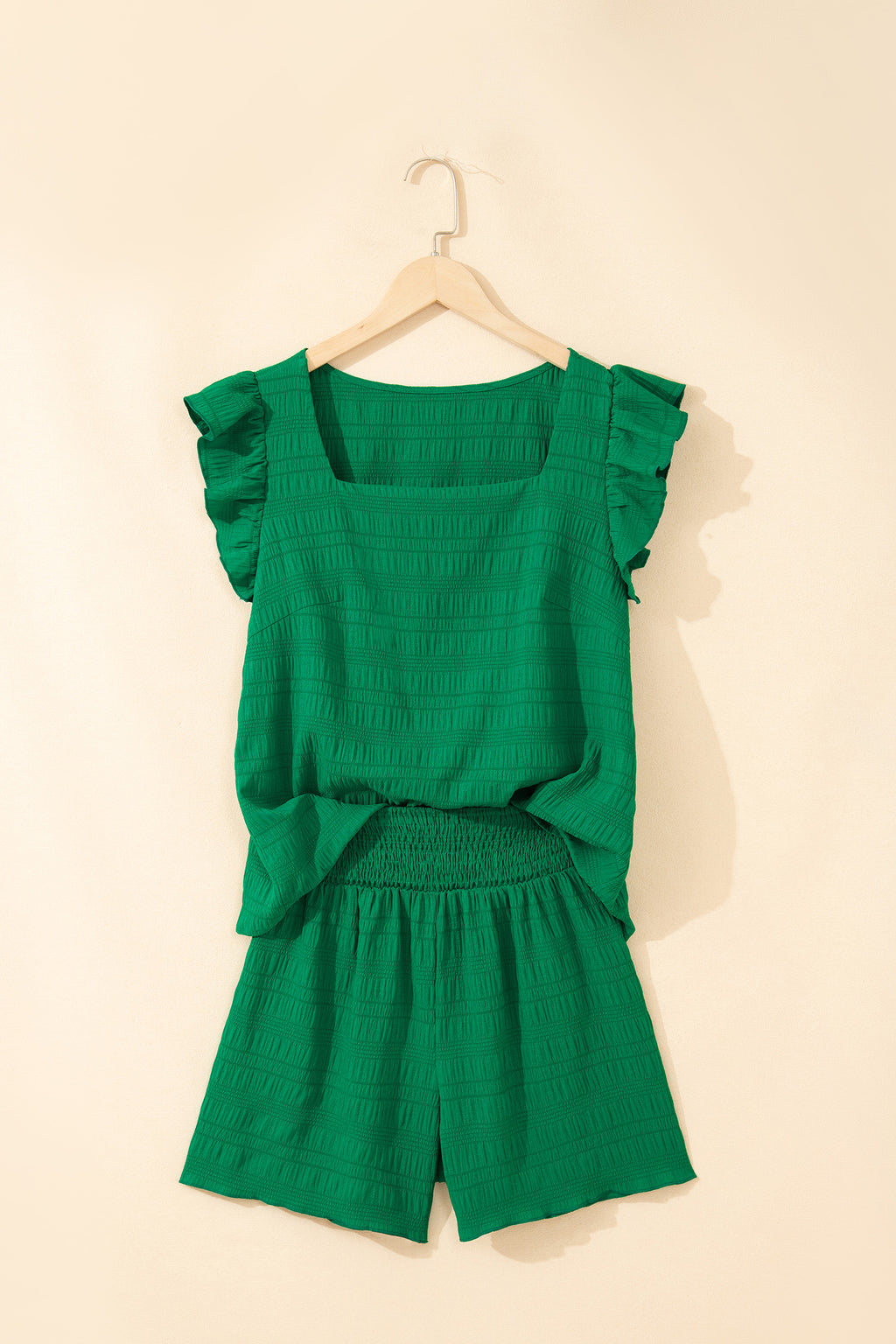 Dark Green Textured Square Neck Top and Shirred High Waist Shorts Set