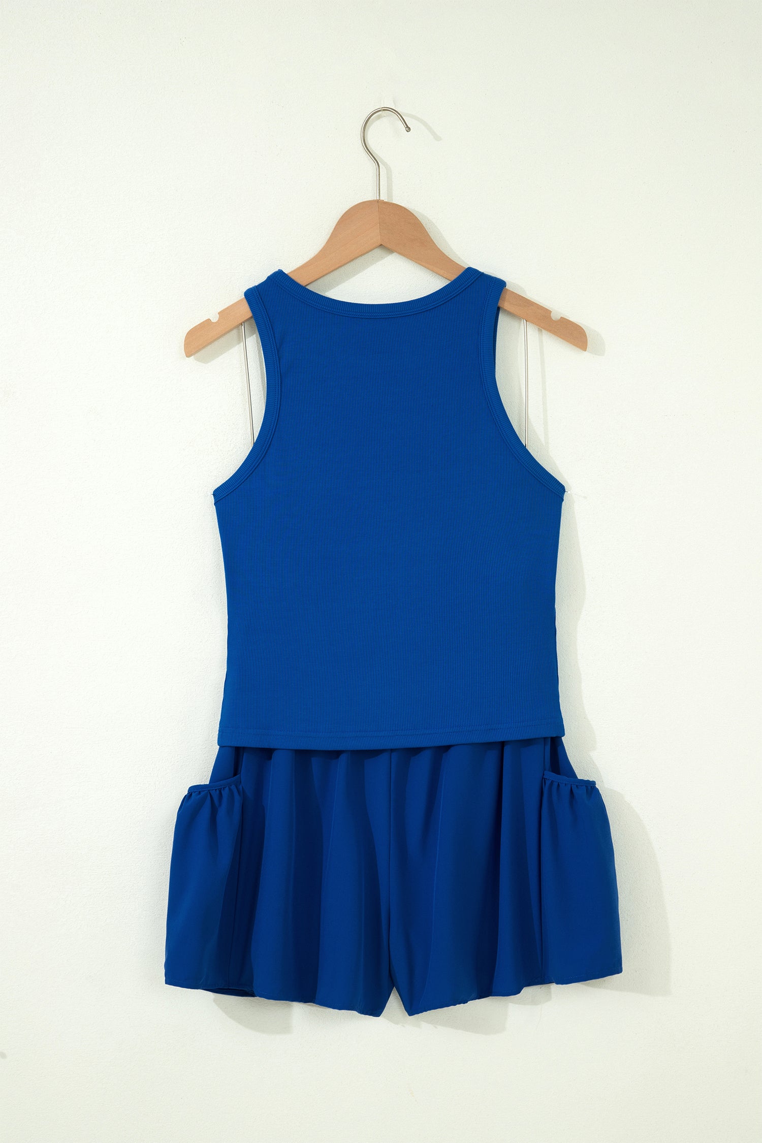 Dark Blue Ribbed Slim Tank Pocketed Wide Leg Shorts Set