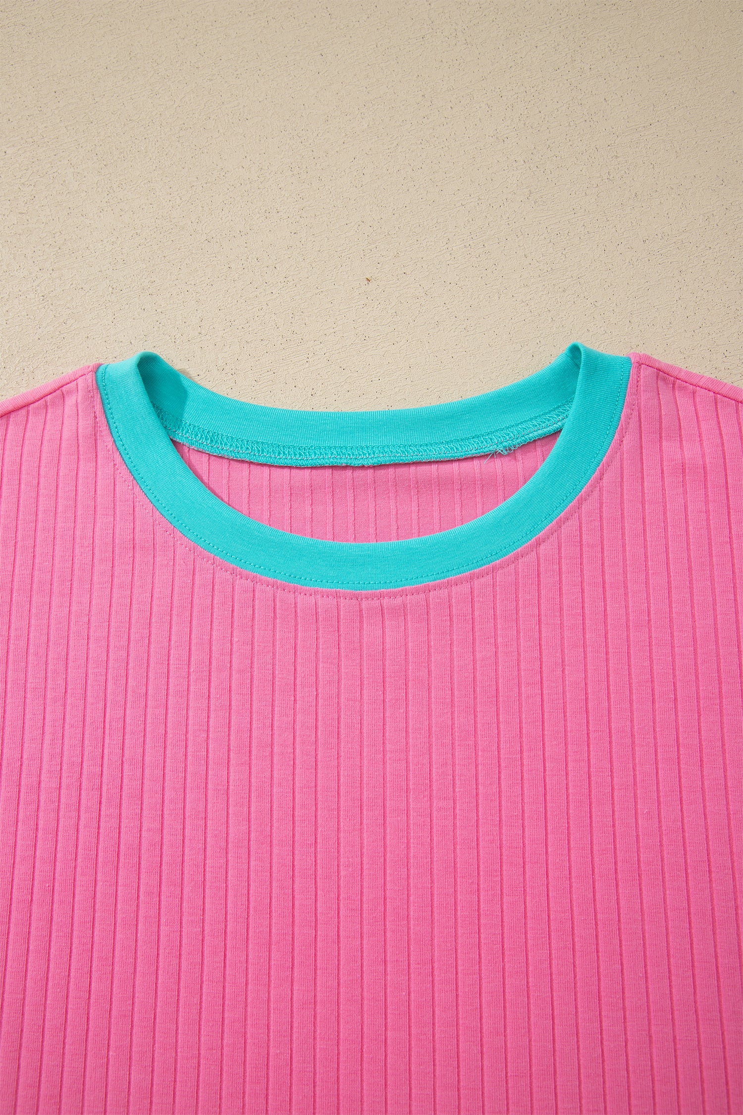 Sachet Pink Soft Ribbed Color Block Trim Casual Short Set