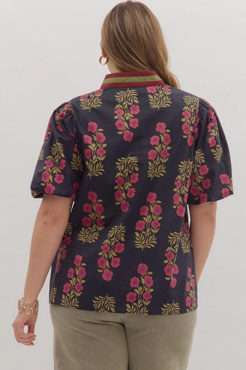 Black Plus Size Floral Print Ricrac Striped Trim Short Sleeve Cotton Blouse
