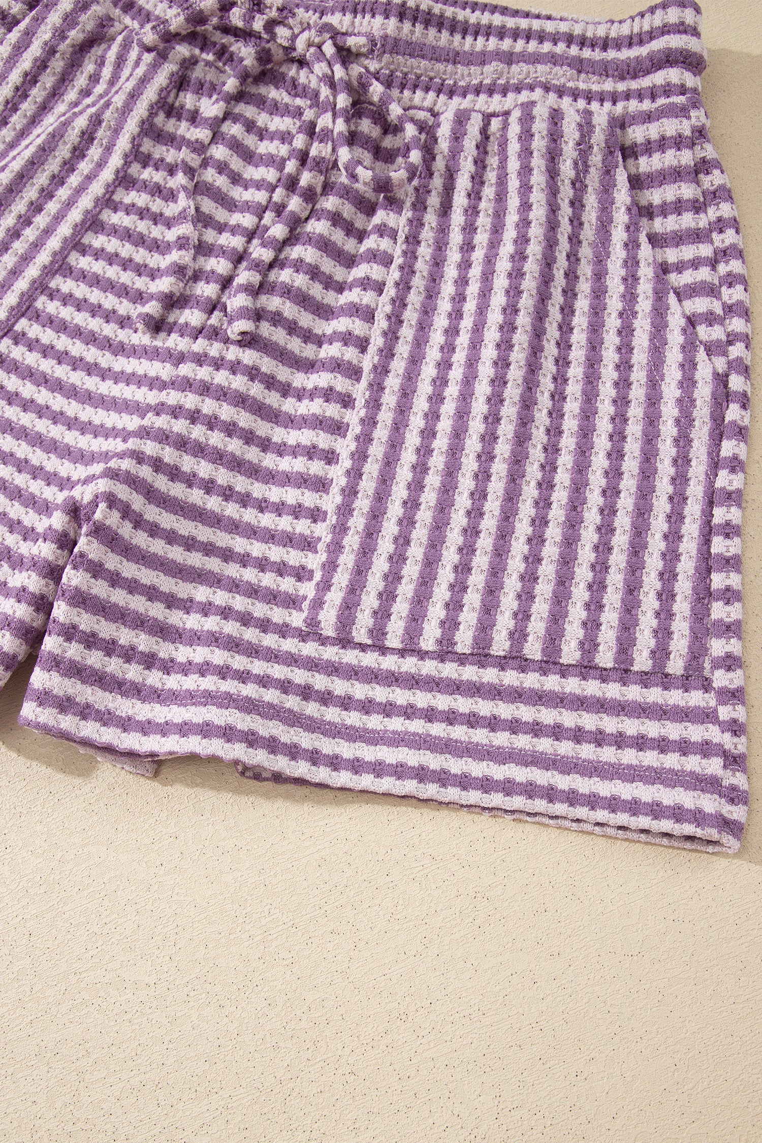 Purple Stripe Breathable Textured Knit Short 2pcs Set