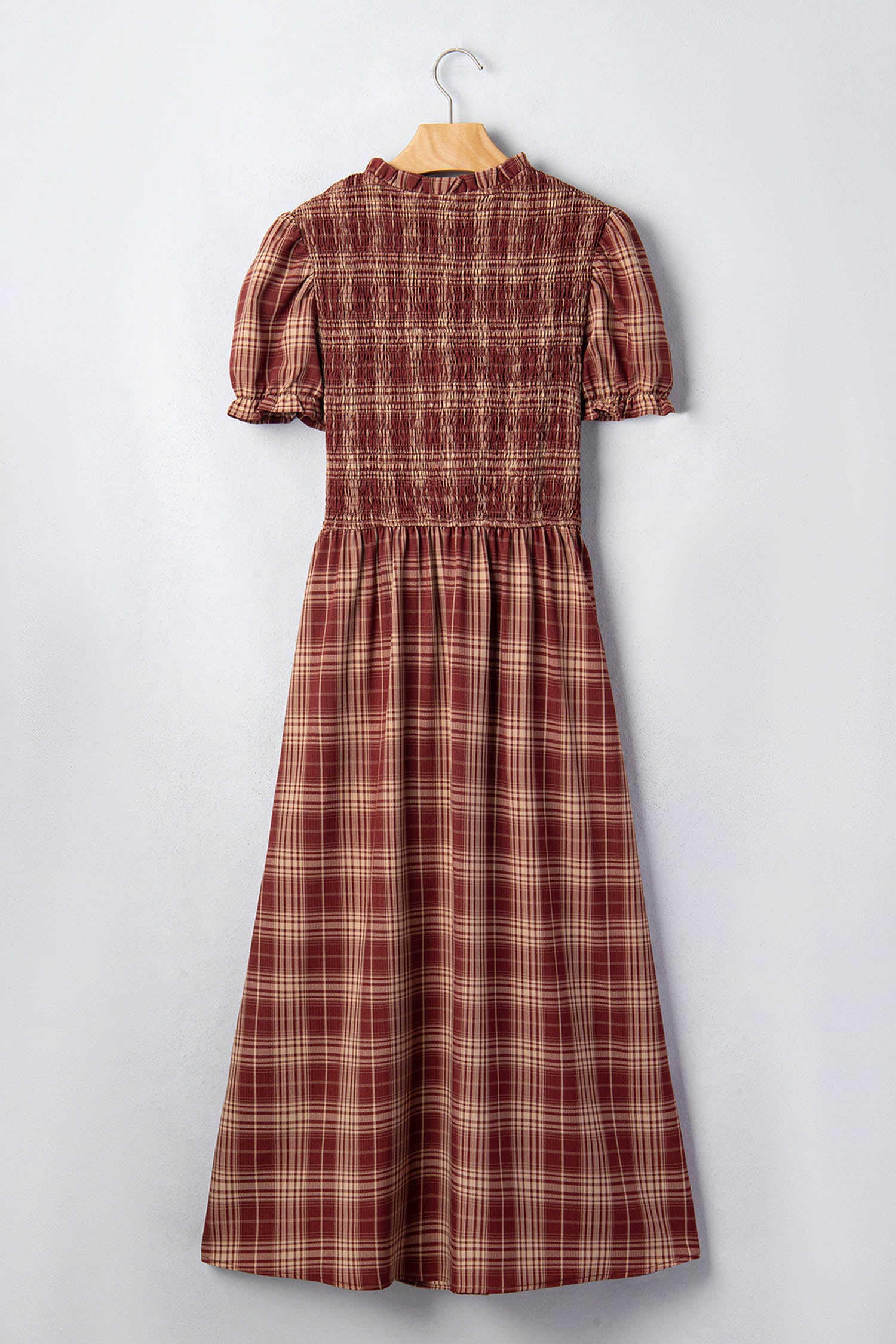 Red Vintage Plaid Knot Front Smocked High Waist Midi Dress