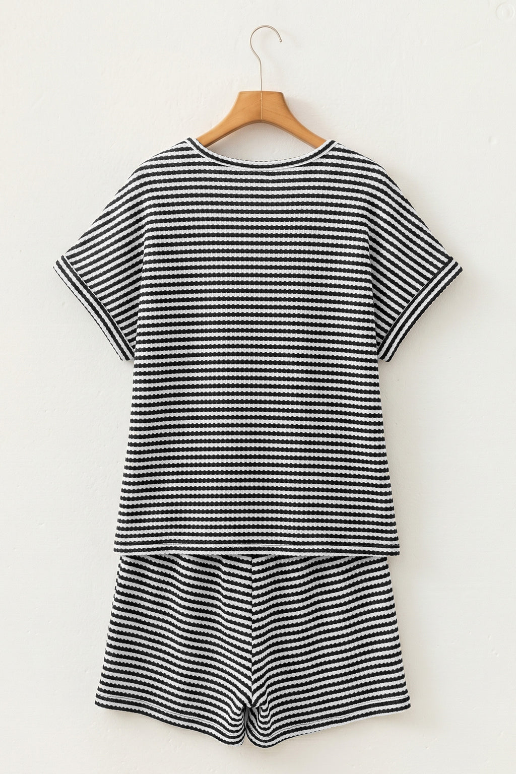 Black Stripe Breathable Textured Knit Short 2pcs Set