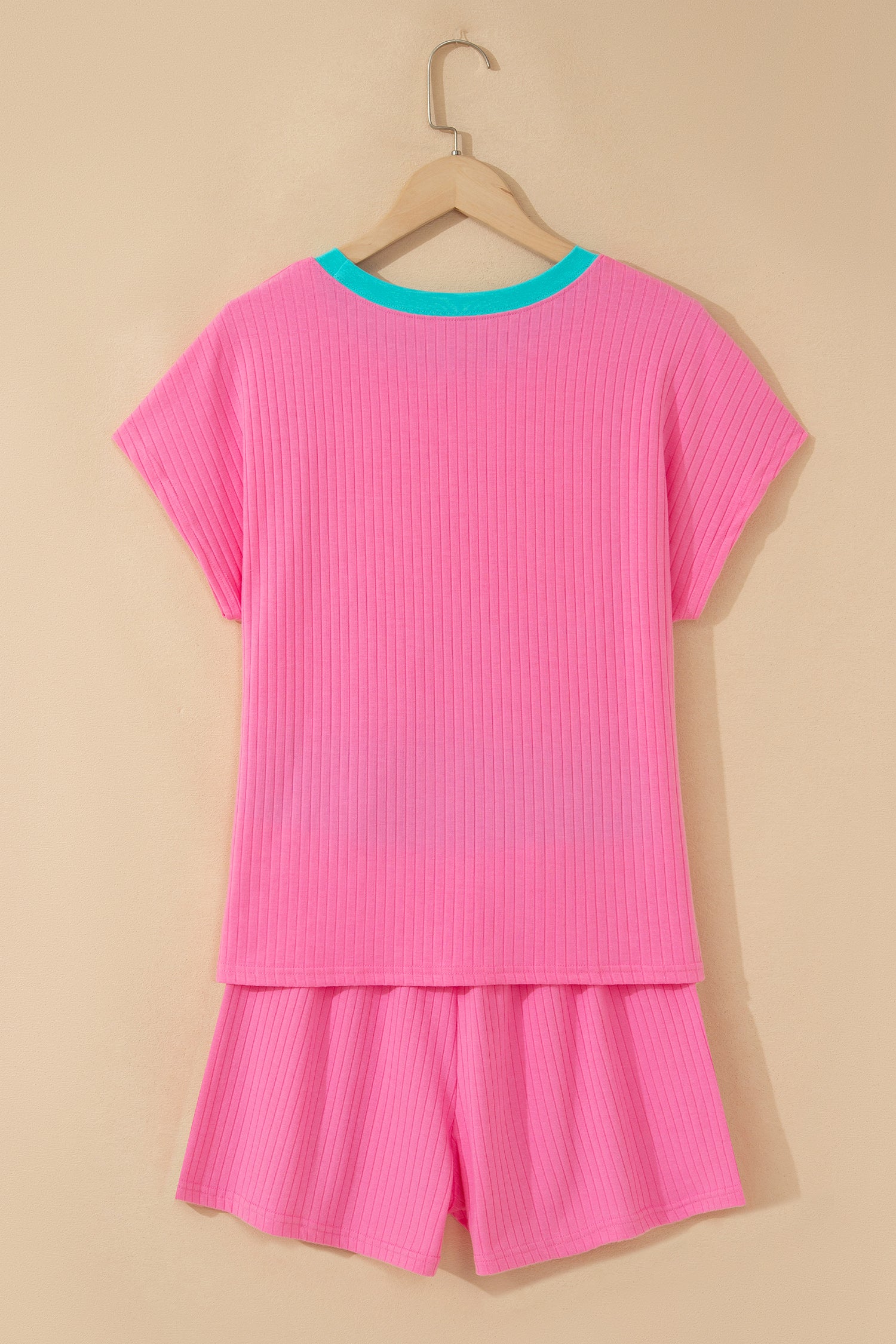 Sachet Pink Soft Ribbed Color Block Trim Casual Short Set