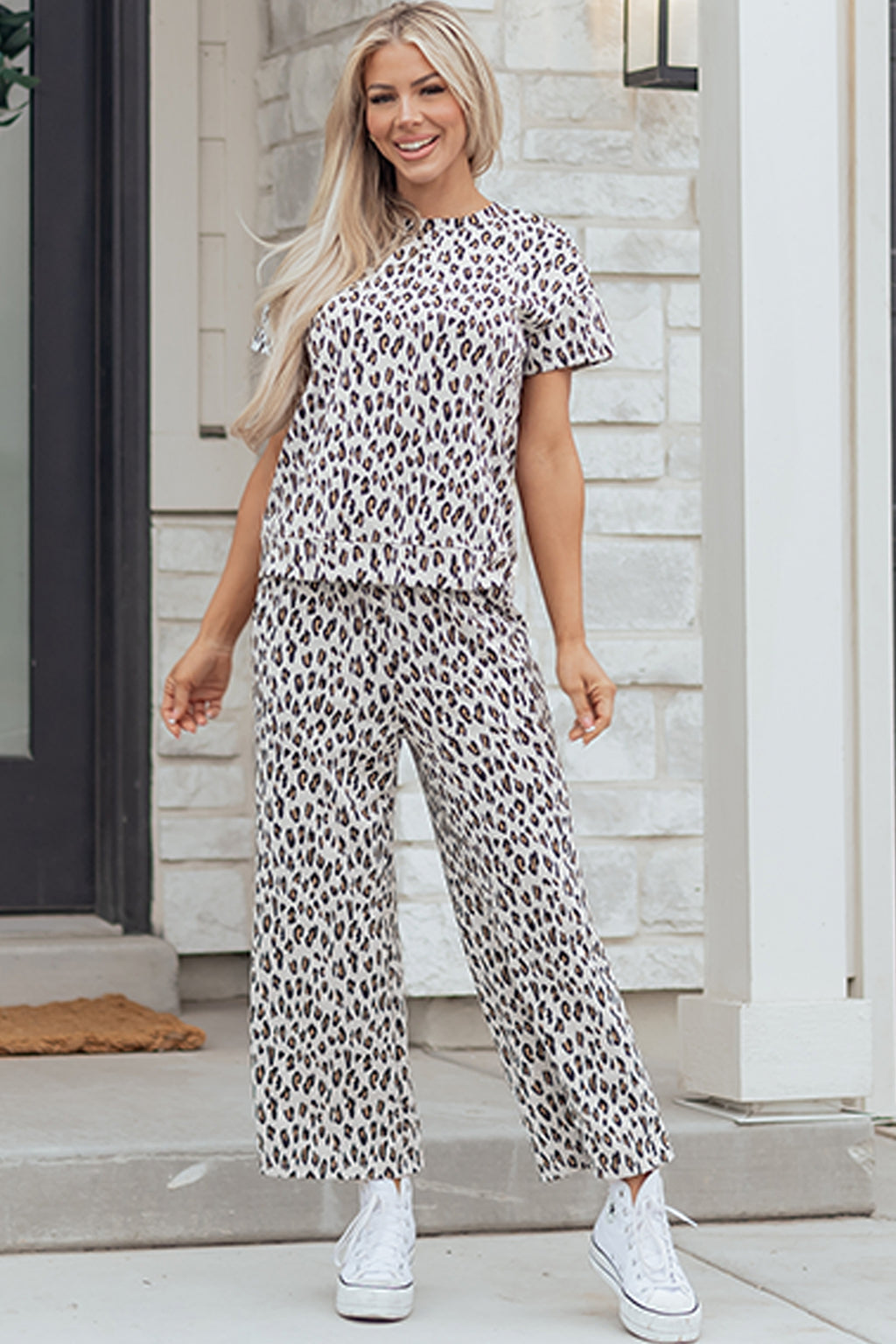 Beige Leopard Print Casual Tee and Pants 2pcs Outfit